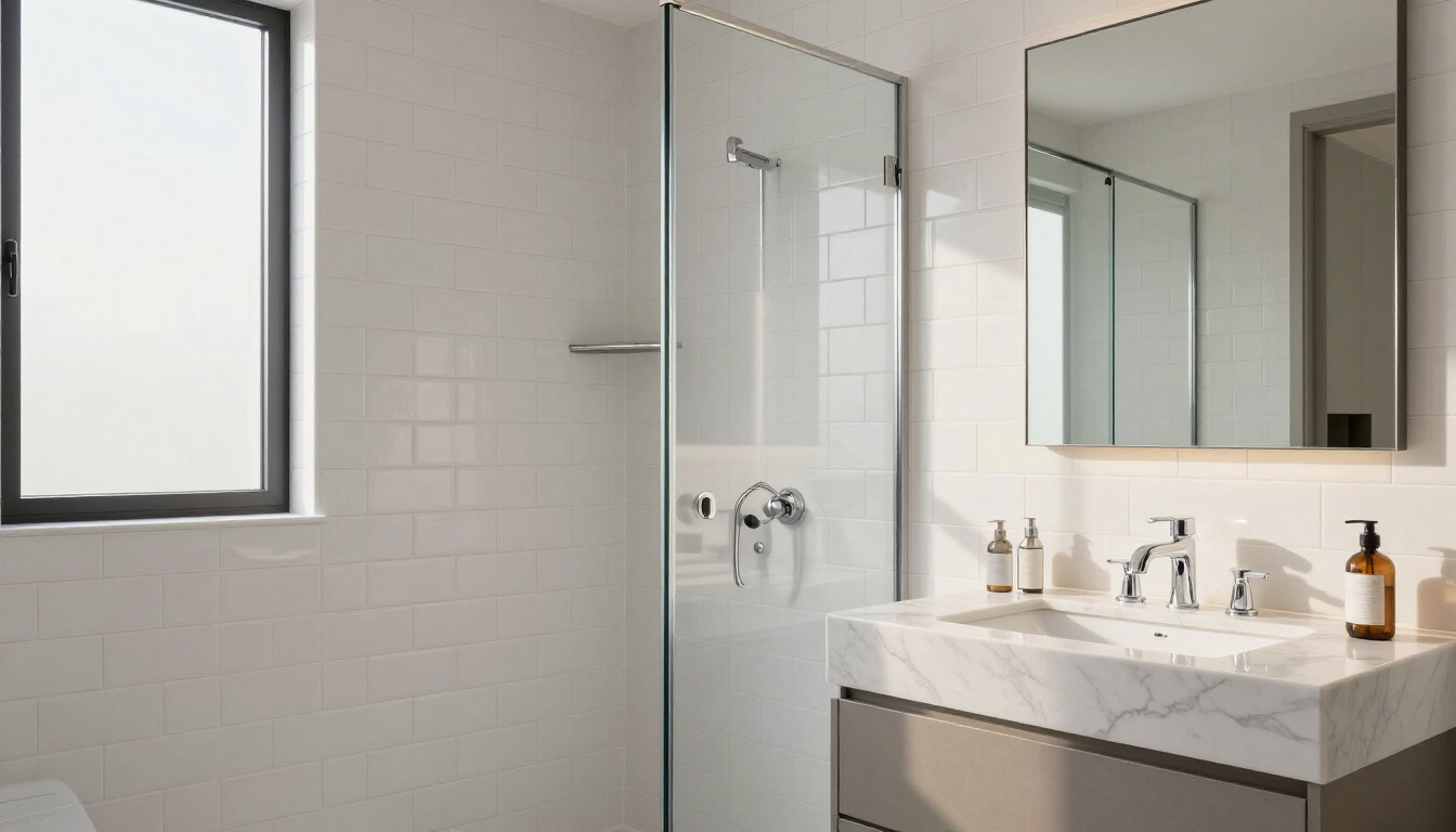 Minimalist white bathroom with window, large mirror, and marble sink vanity