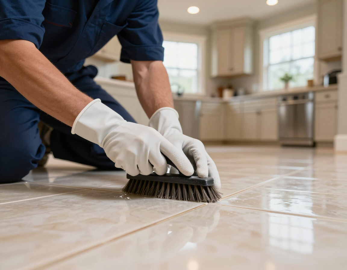 Gloved worker scrubbing a glossy kitchen floor with a brush