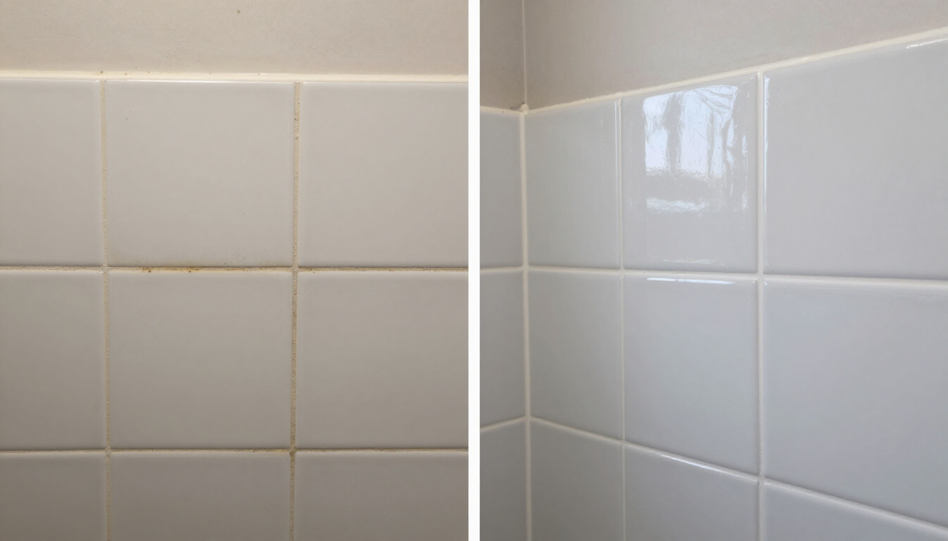 Close-up of white bathroom tiles with visible grout lines, shown side by side with different lighting.