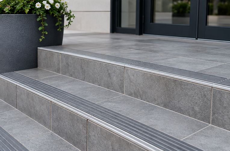 Gray tiled steps with a metal anti-slip strip leading to a modern building entrance