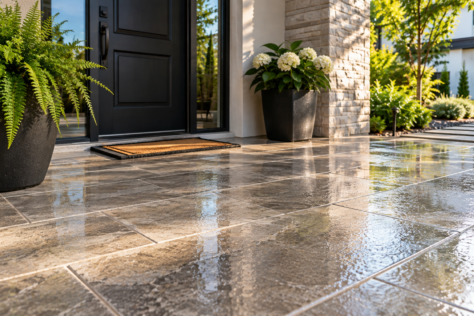 Rain-soaked stone porch with black door, potted plants, and sunlight reflecting on wet tiles