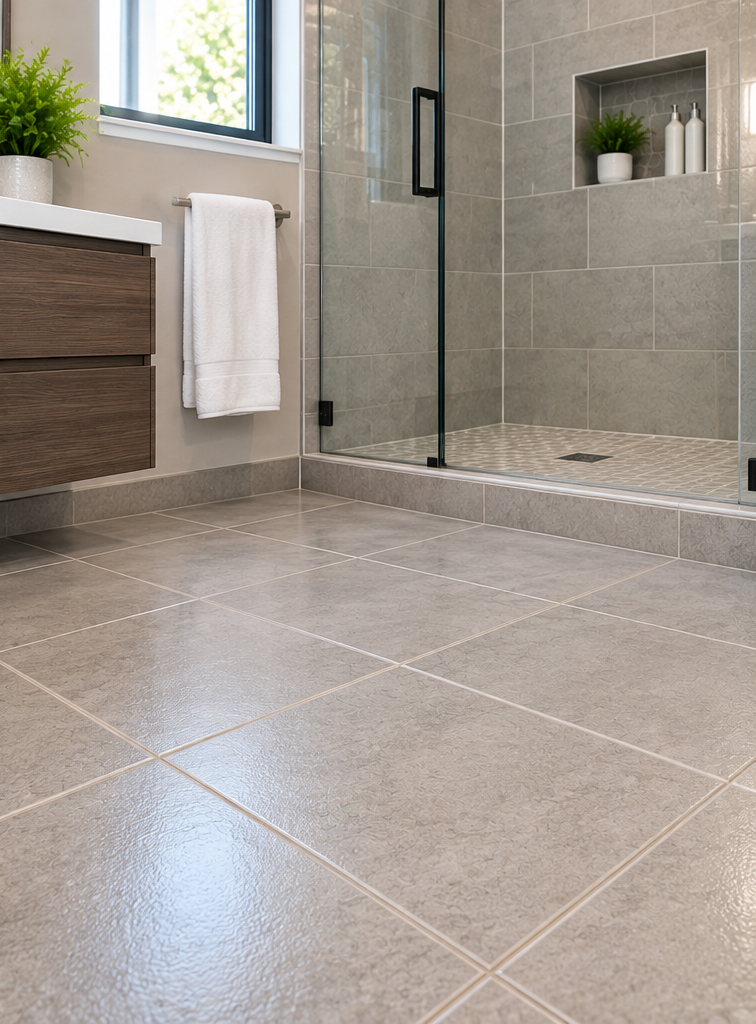 Modern bathroom with large gray tile floor, glass shower, wood vanity, and white towel near a window.