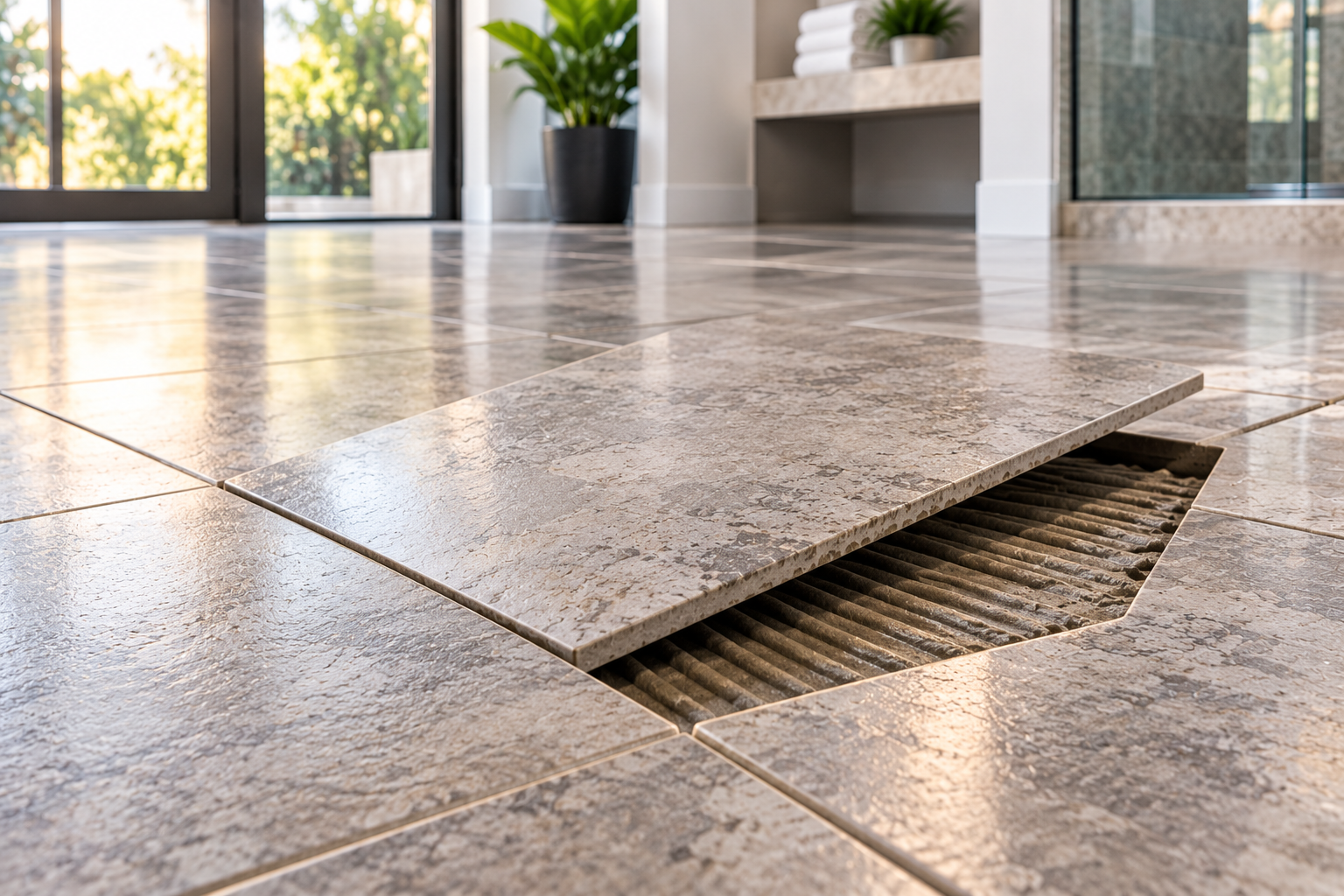 Broken floor tile exposing a drainage grate in a bright indoor lobby