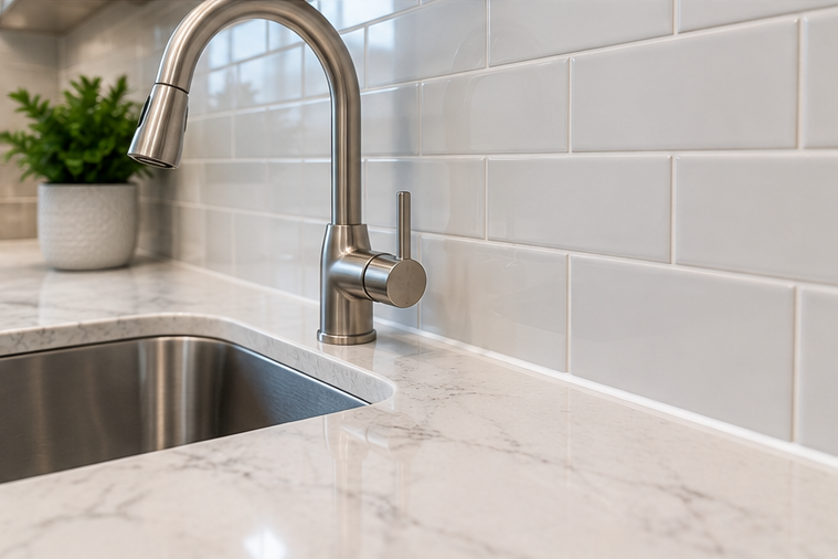 Modern kitchen sink with stainless faucet, white subway tile backsplash, and marble countertop