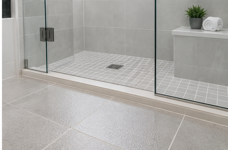 Modern tiled bathroom with a glass shower enclosure and white bench, seen from outside the shower.