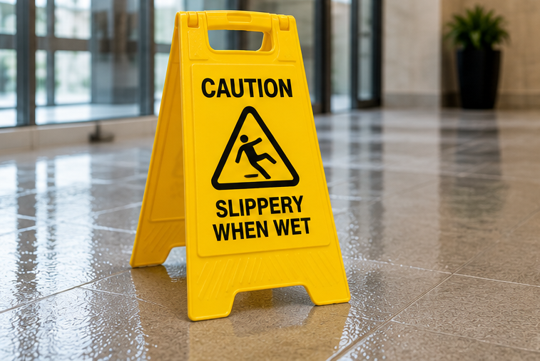 Yellow caution sign on a wet floor, warning “slippery when wet”