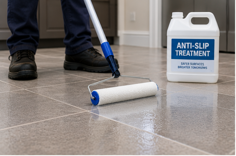 Person applying anti-slip treatment to a tiled floor with a roller and product container nearby