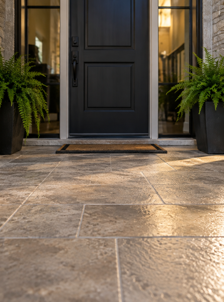 Black front door with potted ferns and wet stone steps in a warm-lit entryway
