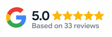 Google rating badge showing 5.0 stars, based on 33 reviews