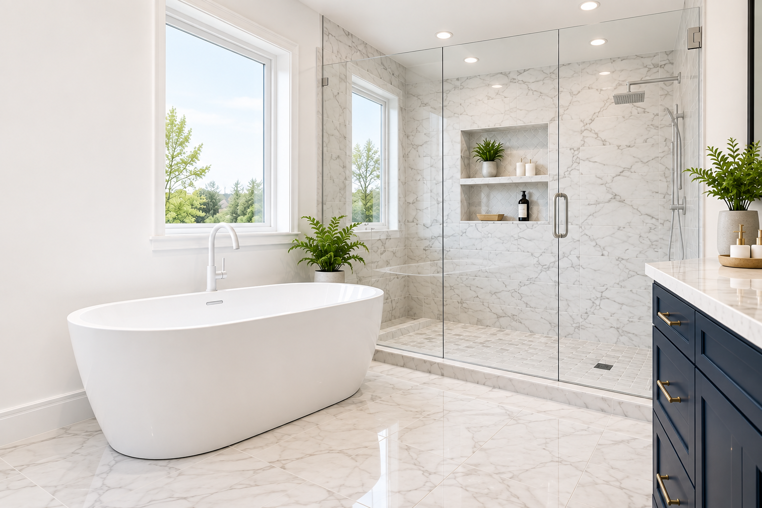 Bright modern bathroom with white marble tile, a freestanding tub, glass shower, and navy vanity