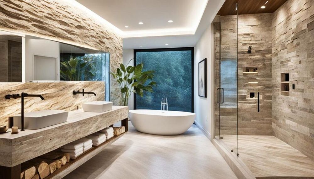 Modern luxury bathroom with stone walls, freestanding tub, double sink, and glass shower area