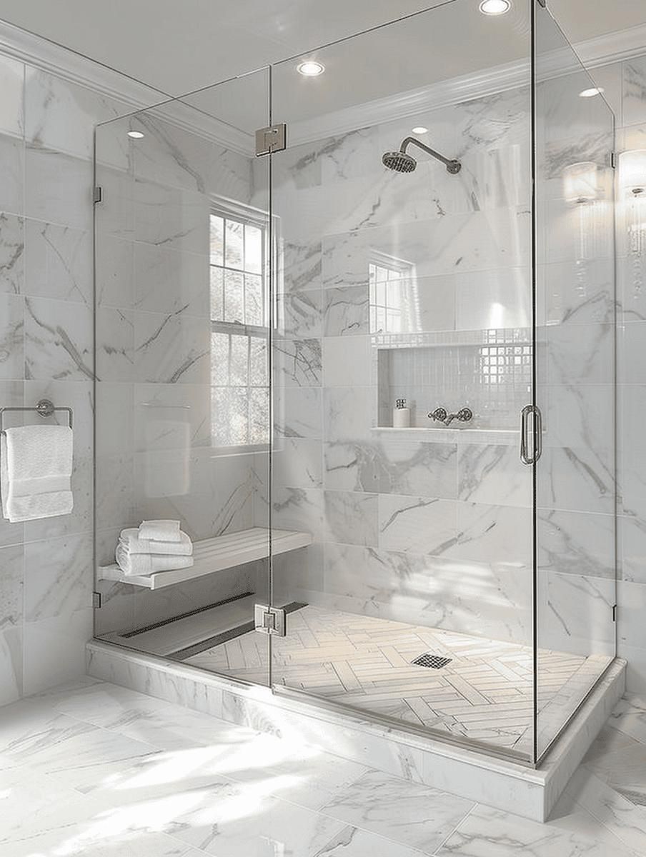 Bright marble-tile walk-in shower with glass enclosure, bench, and chrome fixtures