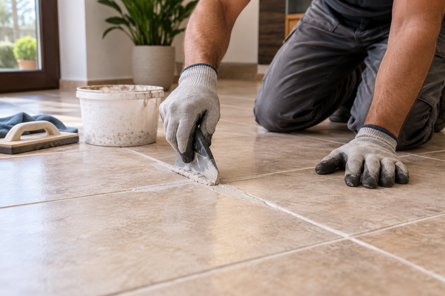 Worker grouting beige floor tiles with a trowel indoors