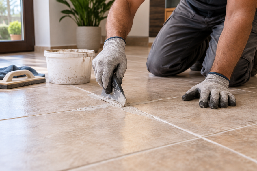 Worker grouting beige floor tiles with a putty knife in a home interior