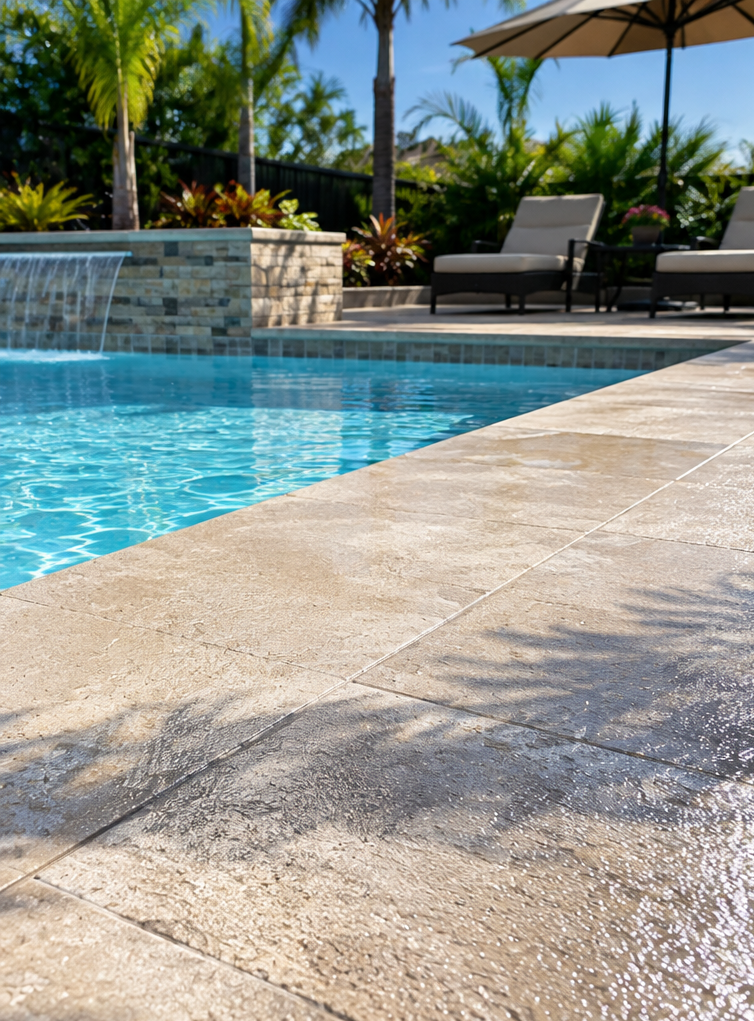 Sunny poolside patio with turquoise water, stone deck, lounge chairs, and umbrella