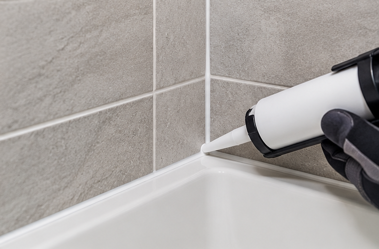 Gloved hand applying sealant with a caulk gun along a bathtub and tiled wall corner
