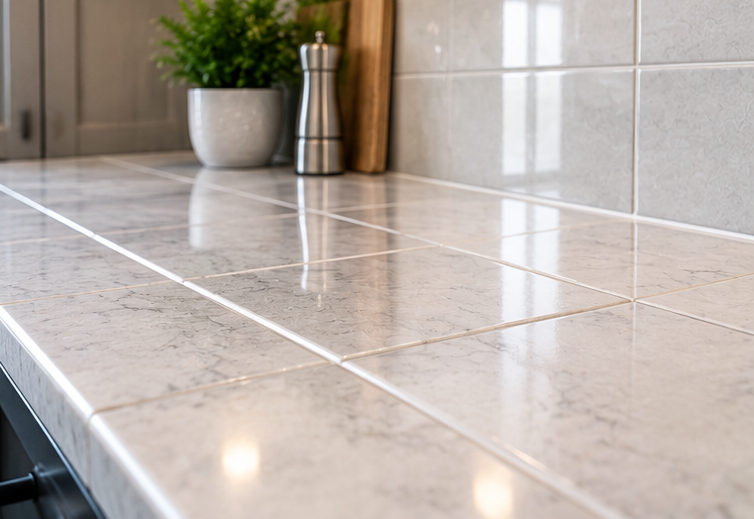 White tiled kitchen countertop with a small potted plant and metal utensils against a tiled backsplash