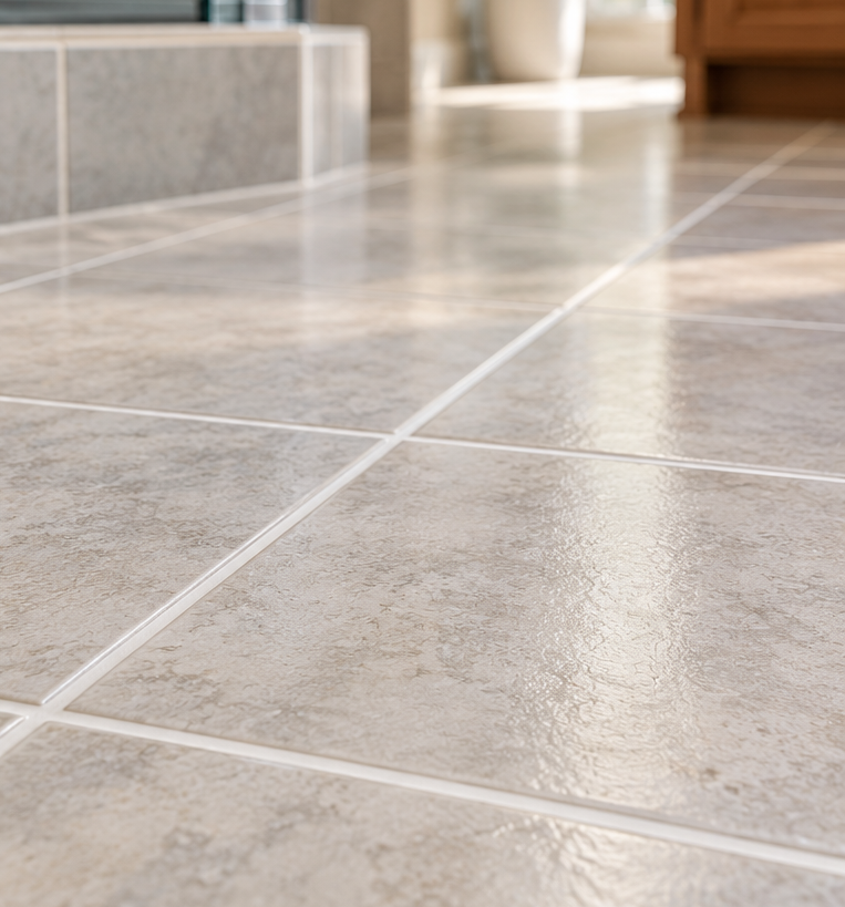 Close-up of glossy beige tiled floor with grout lines in a bright room