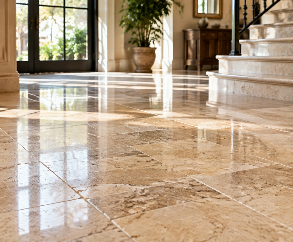 Bright marble foyer with a curved staircase, potted plant, and sunlight reflecting on the polished floor