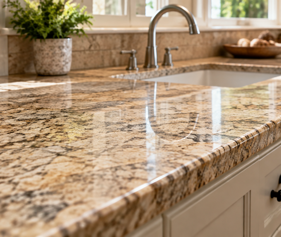 Granite kitchen countertop with stainless steel sink and faucet in a bright home kitchen