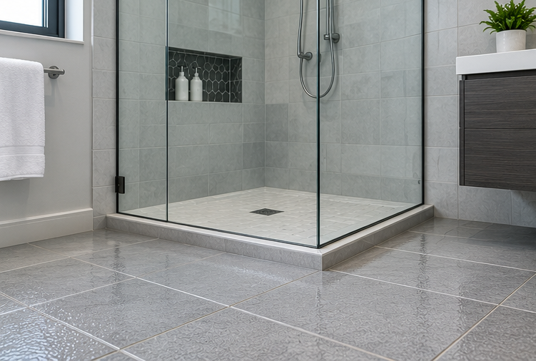 Modern bathroom with glass shower, gray tiled floor, and white towel by a vanity
