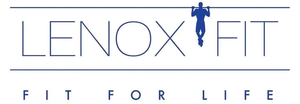 The blue Lenox Fit logo features text with a silhouette of a person performing a pull-up, over the motto "Fit for Life."
