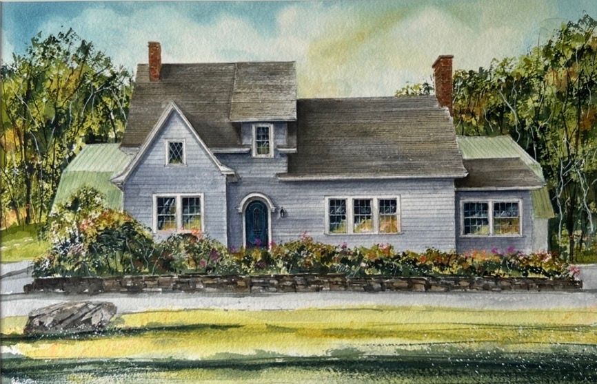 A watercolor painting of a two-story gray house with a stone foundation, surrounded by lush green trees and garden beds.