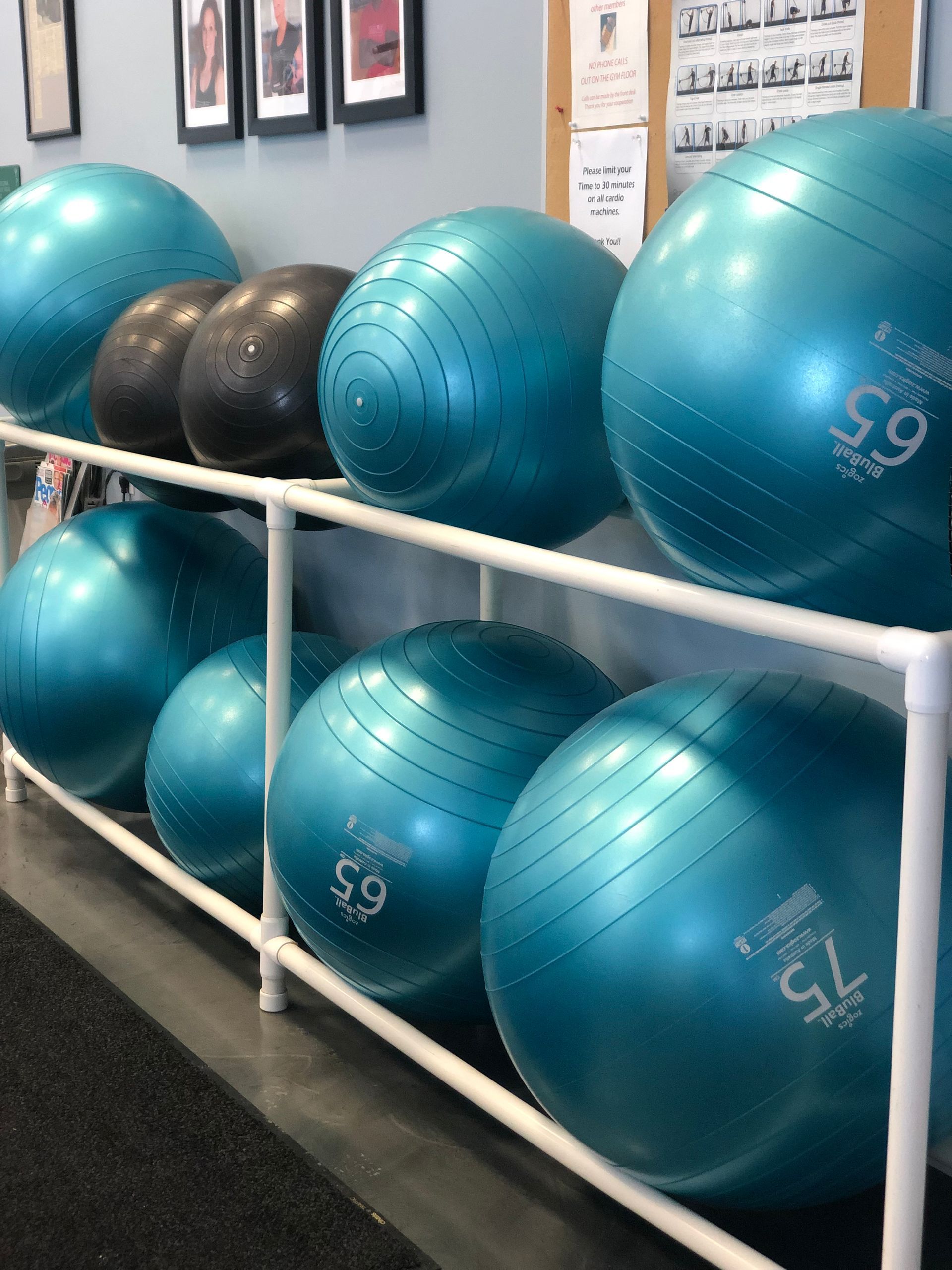 Blue and black exercise balls stored on a white PVC rack in a fitness room.