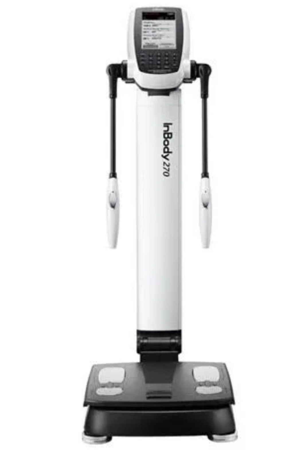 An InBody 270 body composition analyzer machine, featuring a white vertical console and black base with electrode plates.