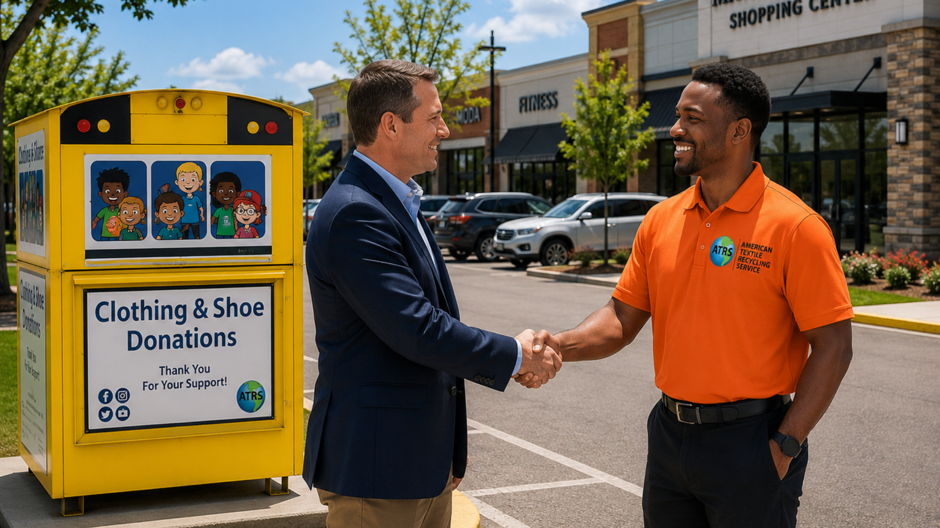 Property manager shaking hands with an ATRS representative wearing an orange ATRS polo shirt.