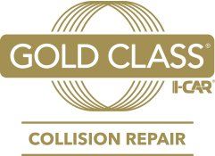 A gold class collision repair logo on a white background.