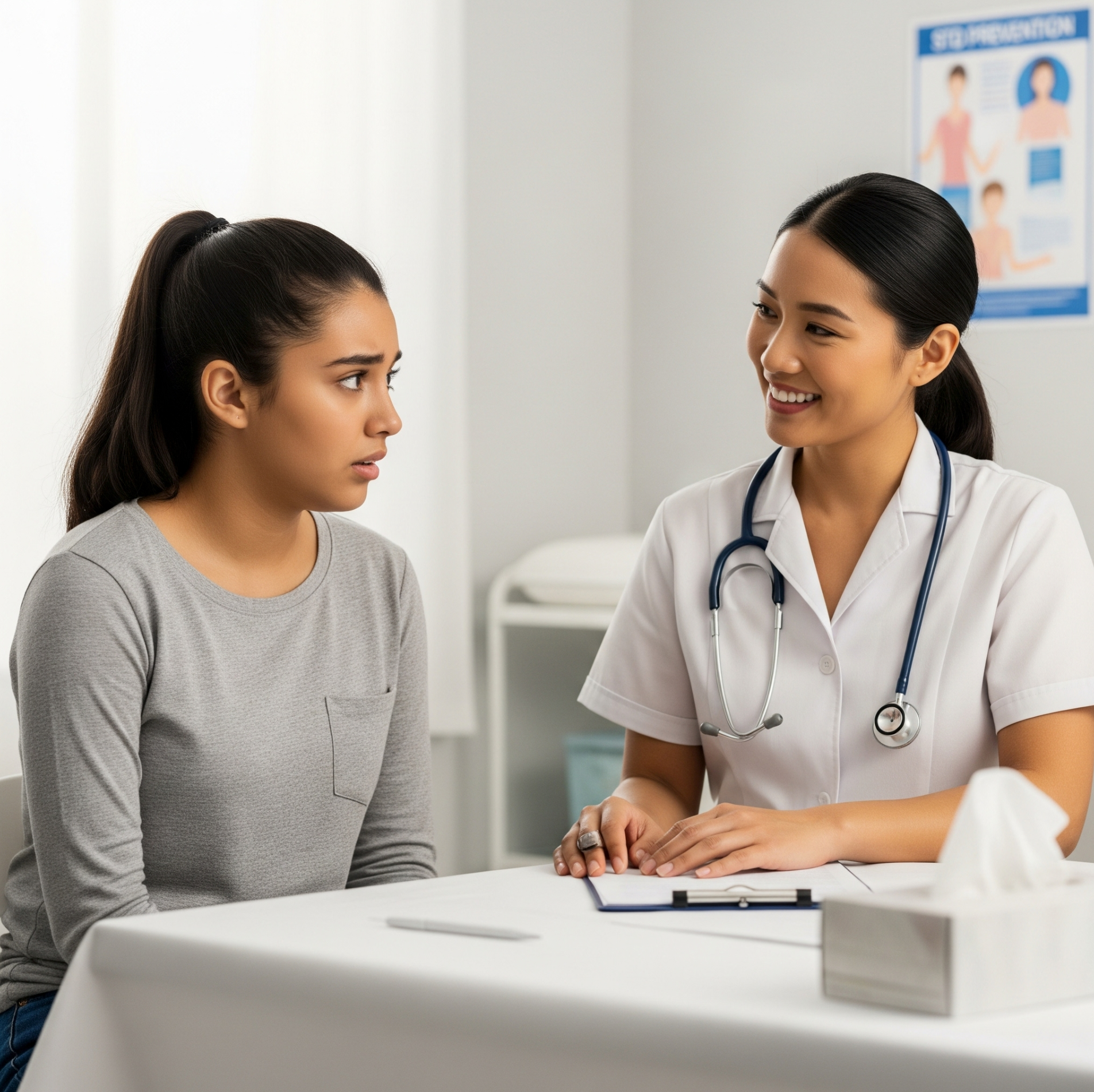 A woman is sitting at a table talking to a doctor.