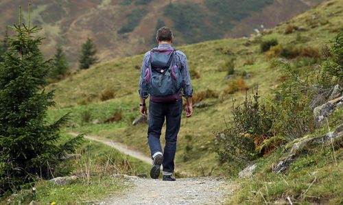 Hiker with backpack walking on a gravel trail through a green mountain landscape