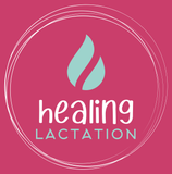 Healing Lactation logo on a pink background with teal leaf icon and white text inside a круг outline
