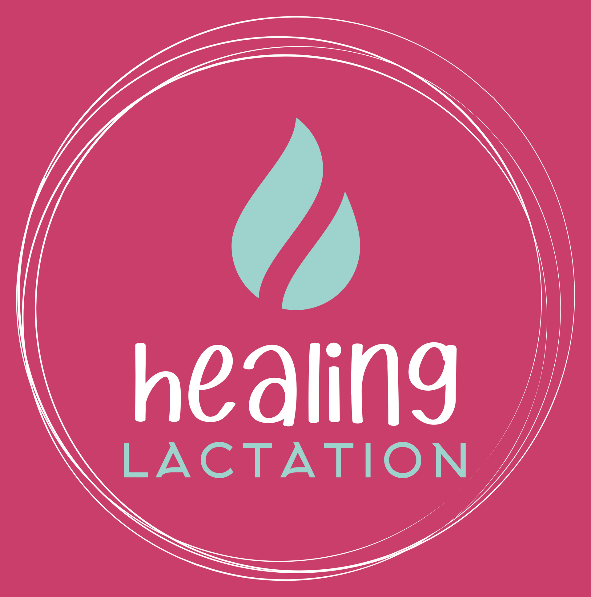 Healing Lactation logo on a pink background with teal leaf icon and white text inside a круг outline