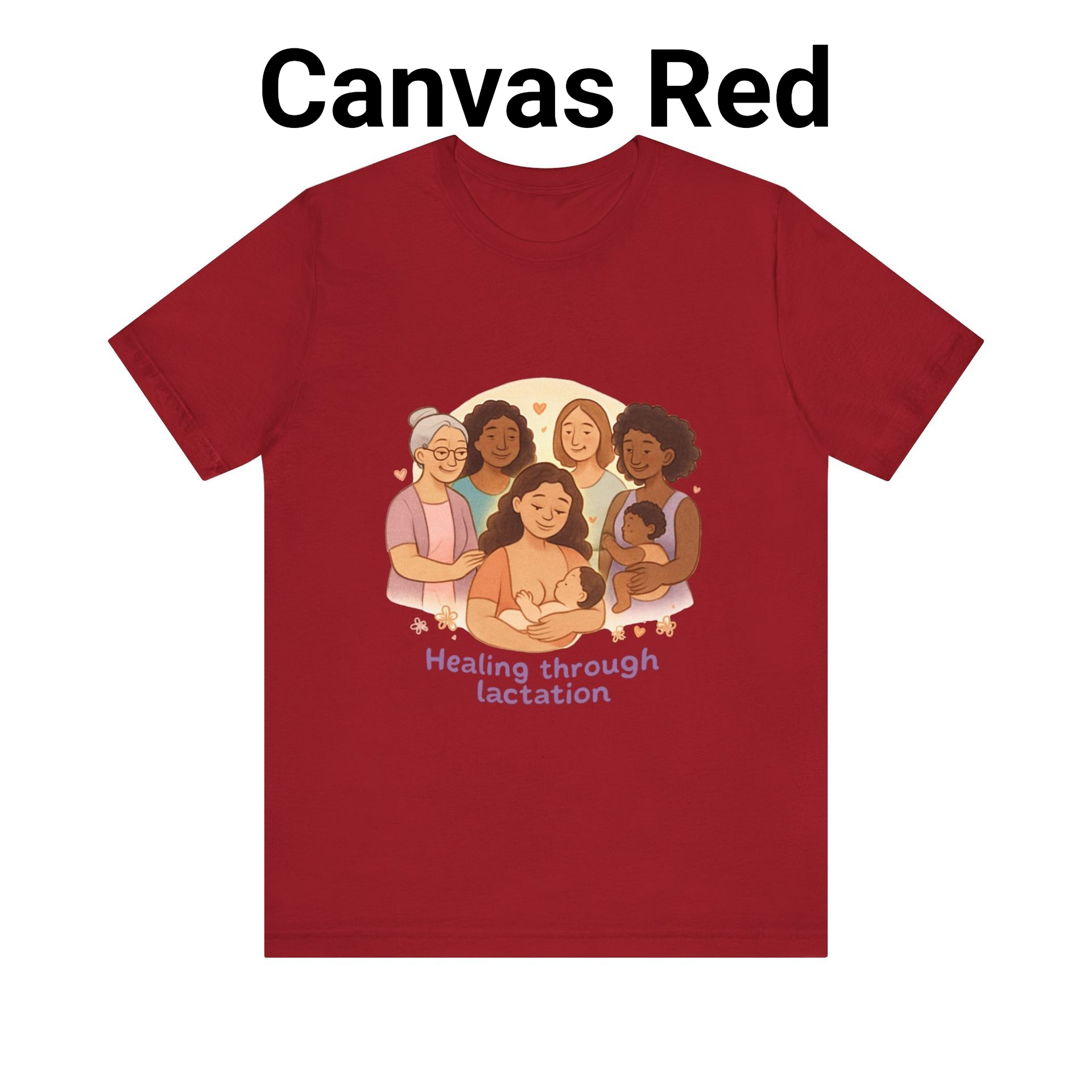 Red T-shirt with a graphic of four illustrated people and the words “Healing through Education.”