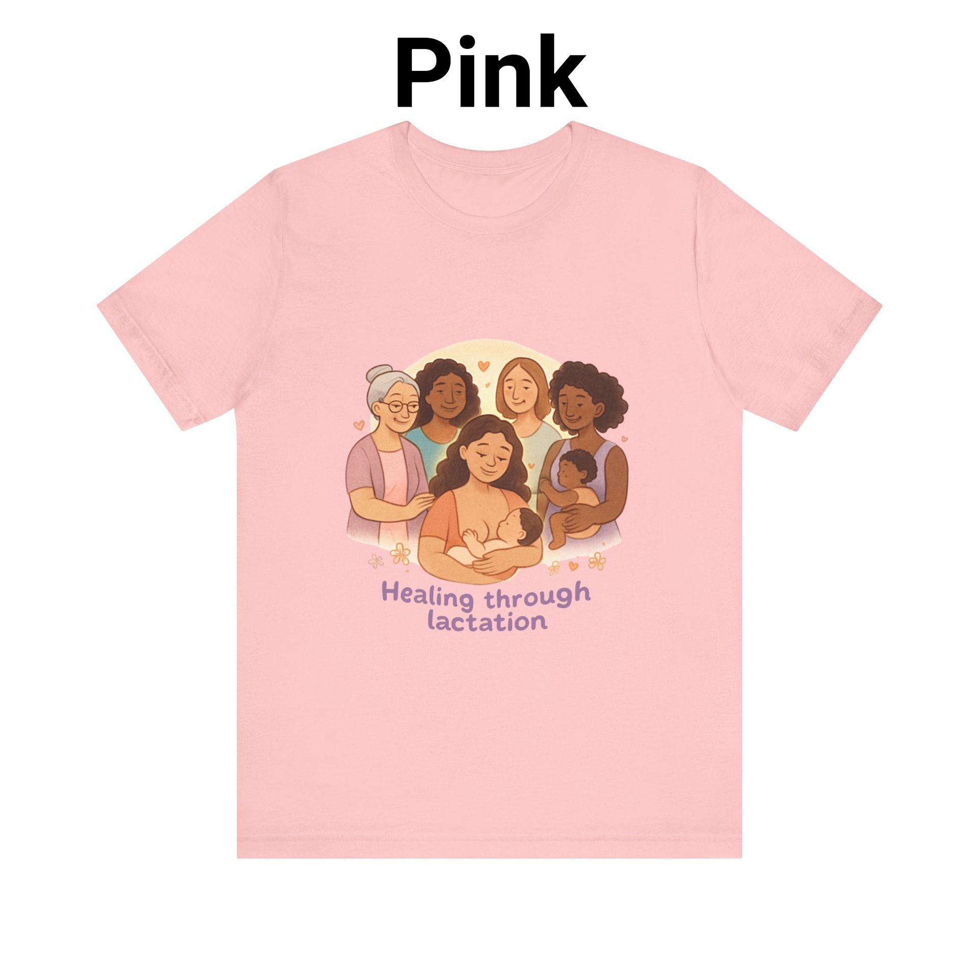 Pink T-shirt with illustration and text “Healing through lactation”