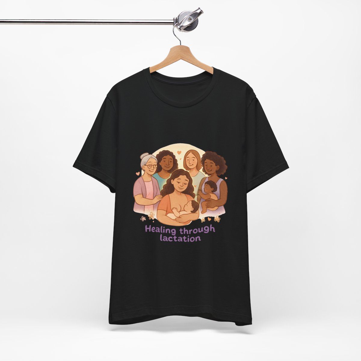 Black T-shirt with illustration of five people and the text “Healing through lactation”