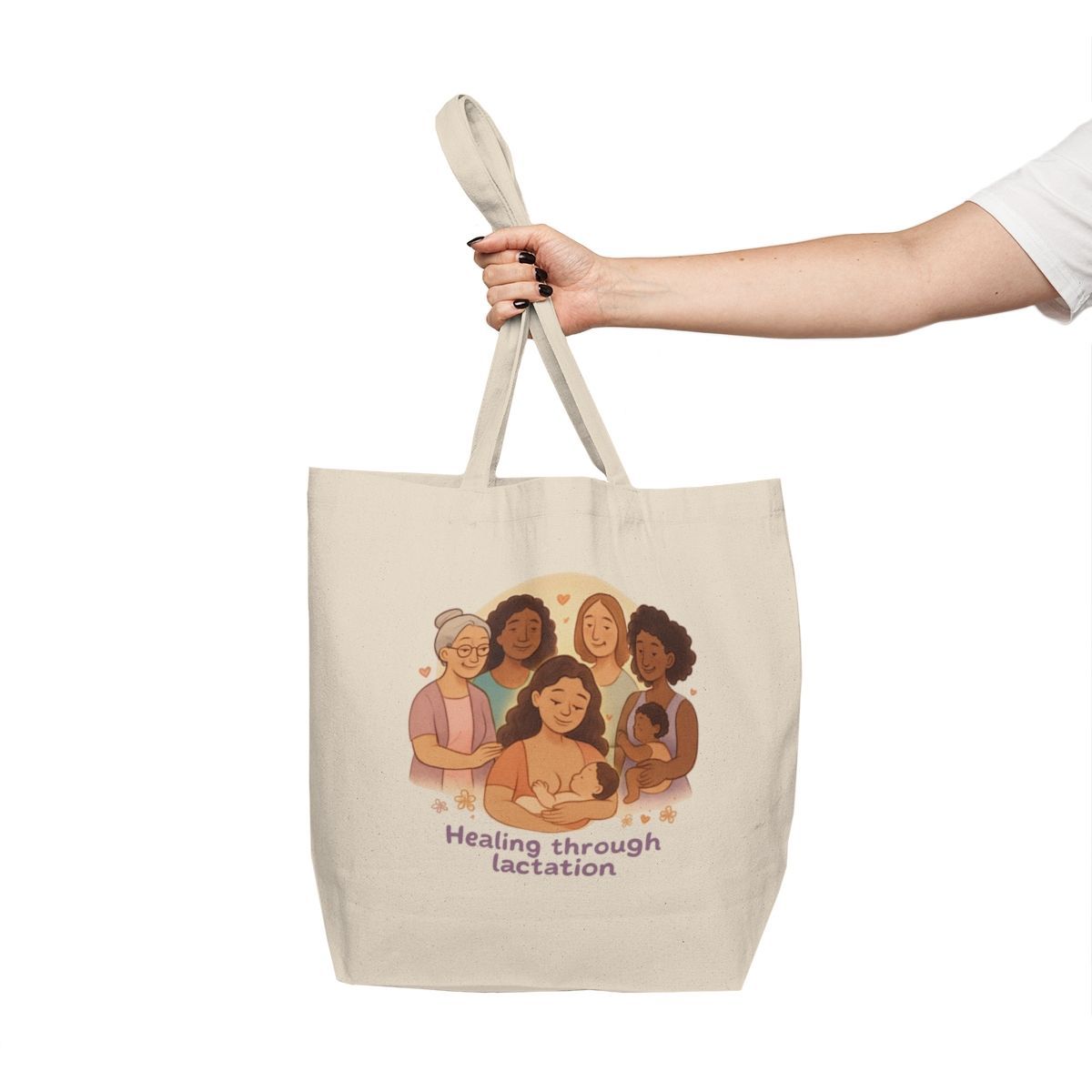 Canvas tote bag with illustrated faces and the words “Healing through activism,” held by a hand