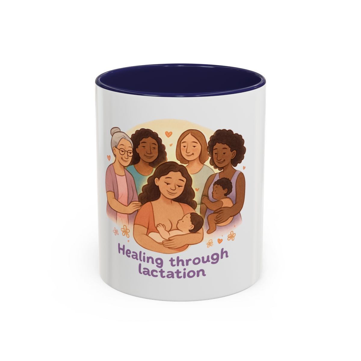 White mug with black interior and handle, printed with a healthcare-themed illustration and purple text.