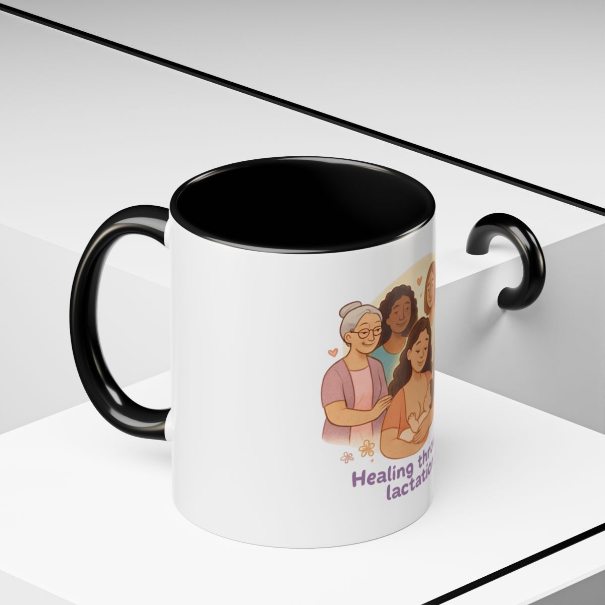 White mug with black interior and handle, printed with a healthcare-themed illustration and purple text.