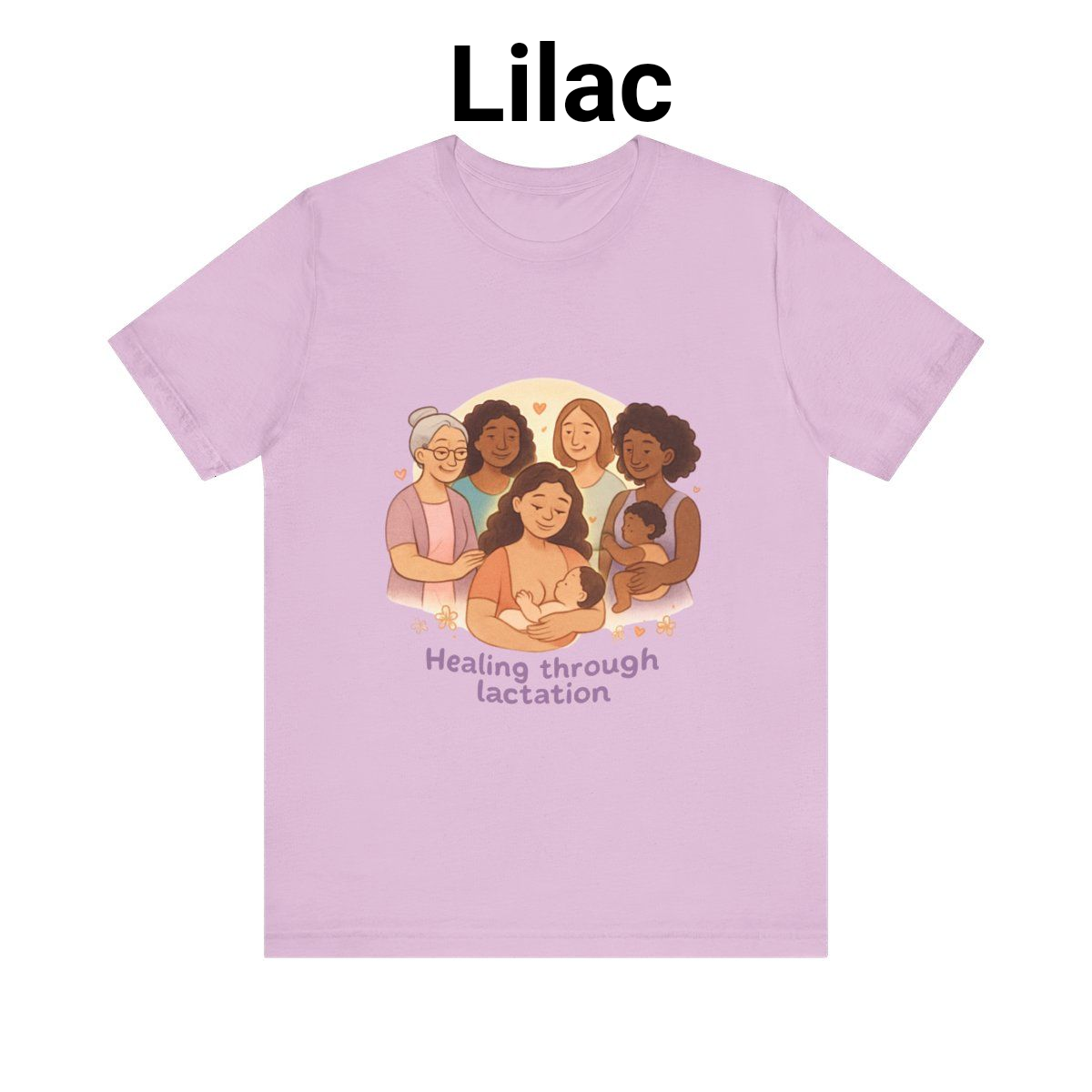 Lilac T-shirt with a colorful “Healing through lactation” graphic and illustrated people on the front