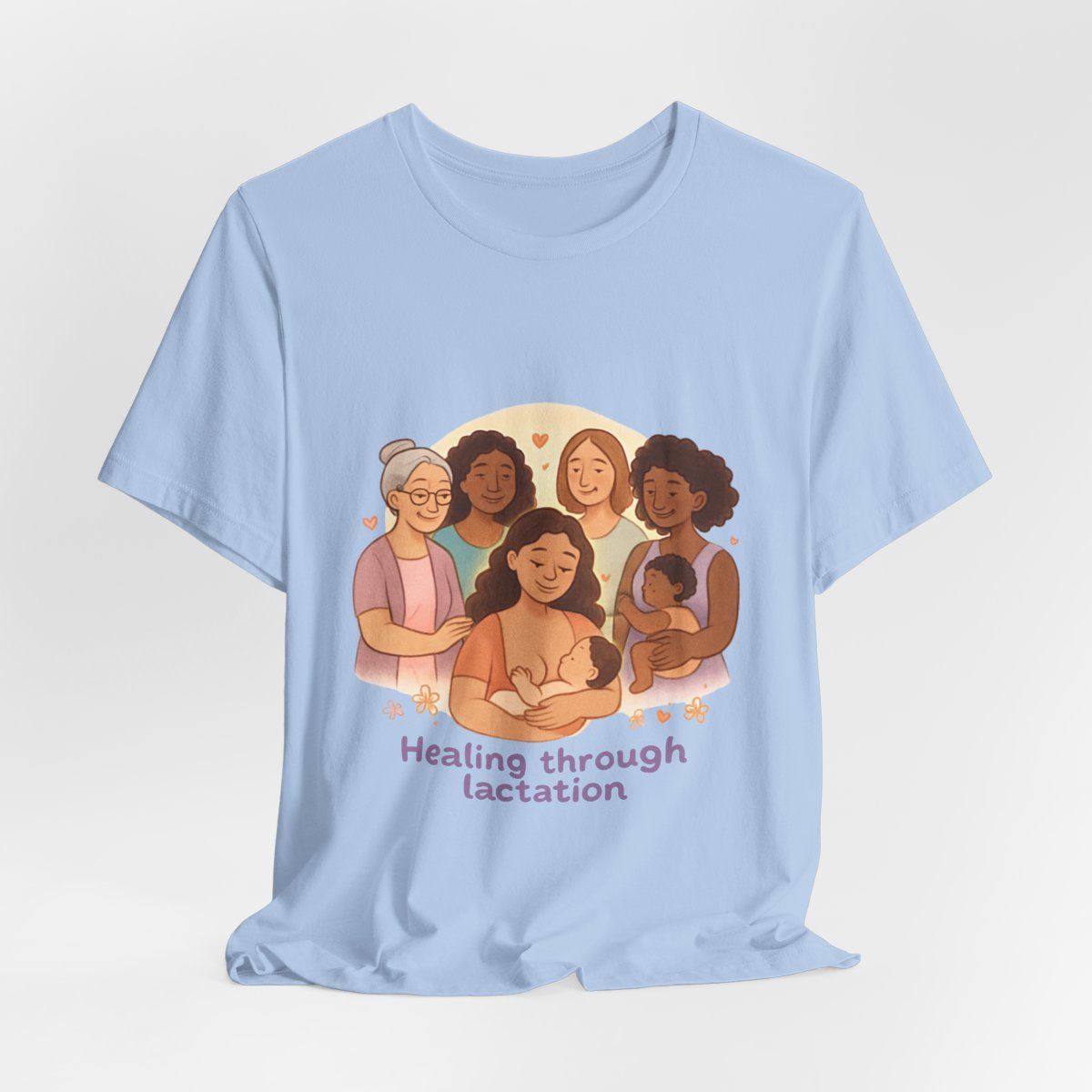 Light blue T-shirt with five illustrated people and the text “Healing through lactation”