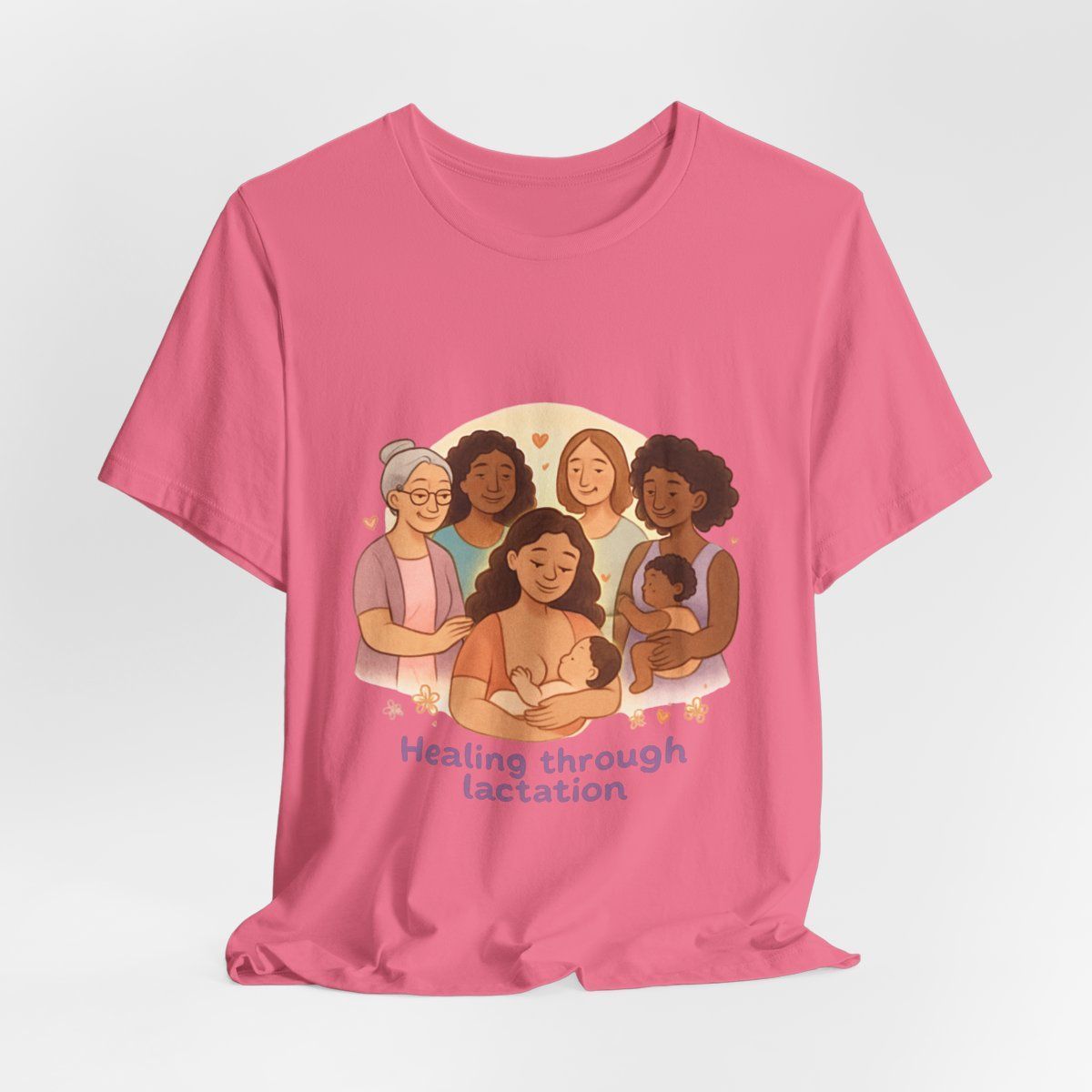 Pink T-shirt with an illustration of five people and the text “Healing through Location.”