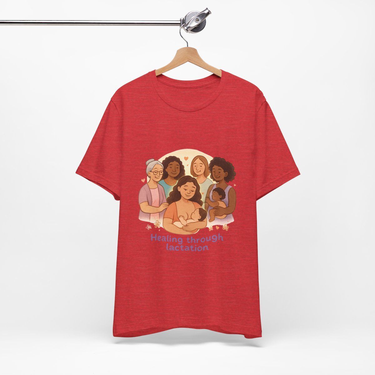 Red T-shirt with an illustration of five smiling people and the text 