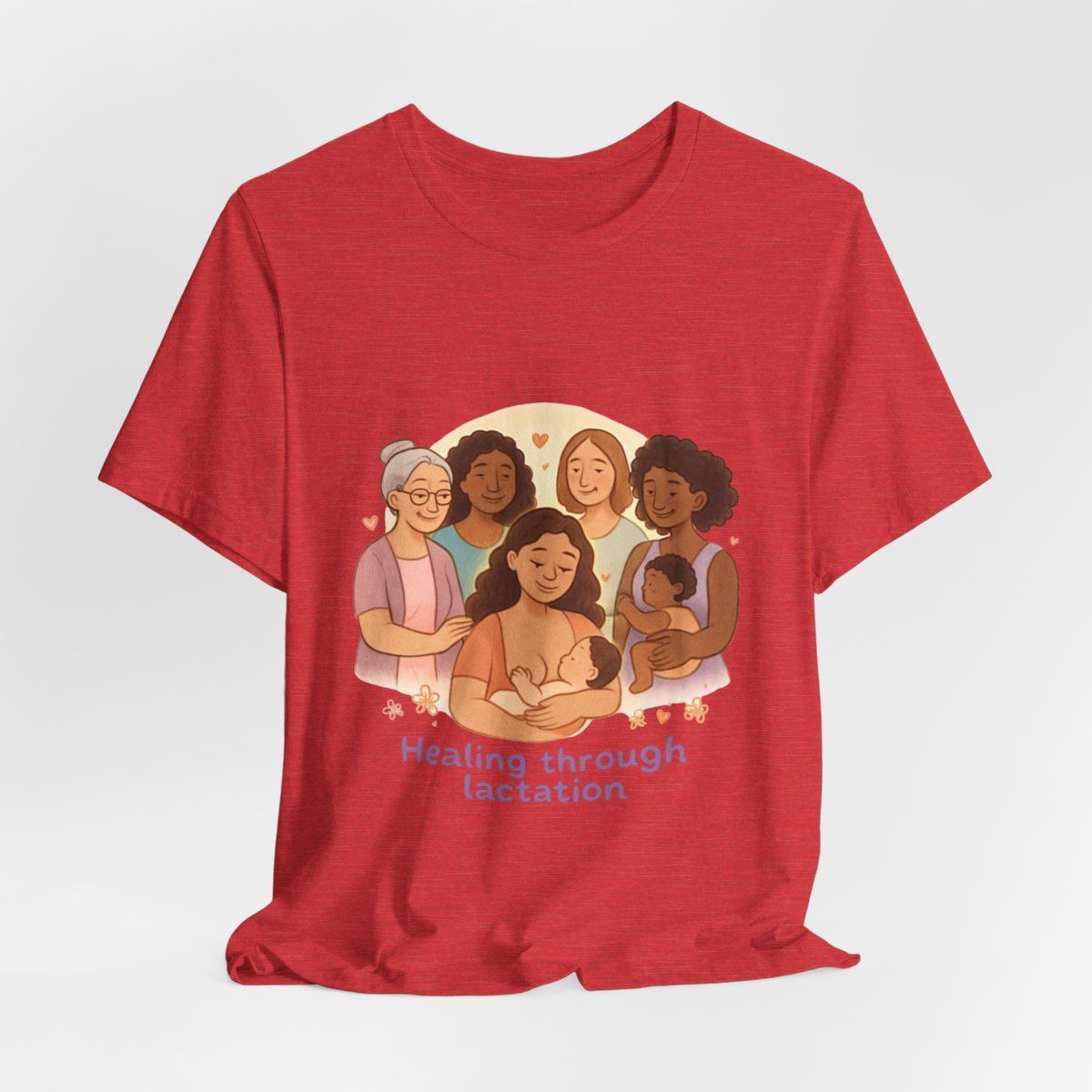 Red T-shirt with an illustration of five smiling people and the text 