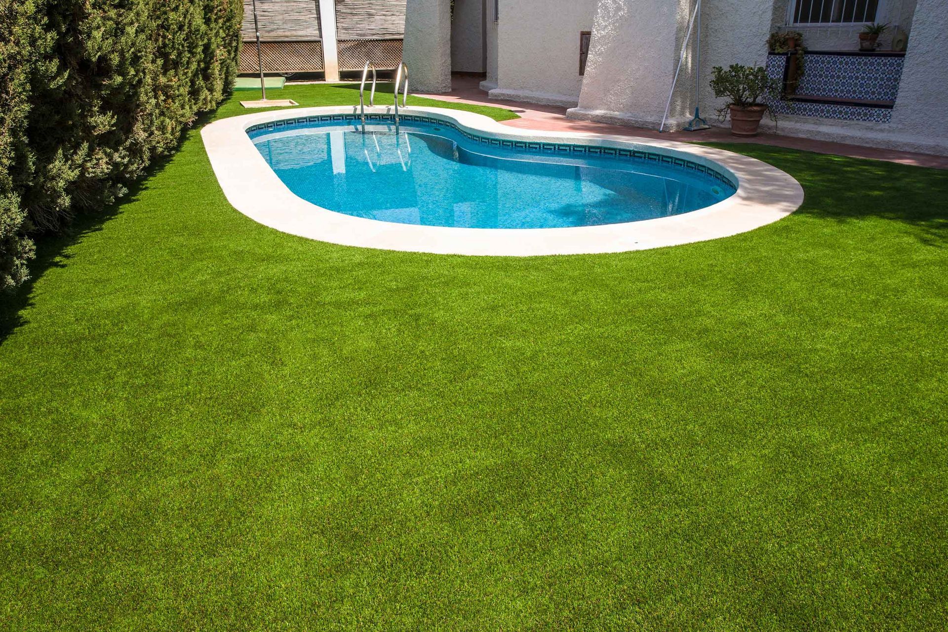 A swimming pool surrounded by green grass in a backyard.
