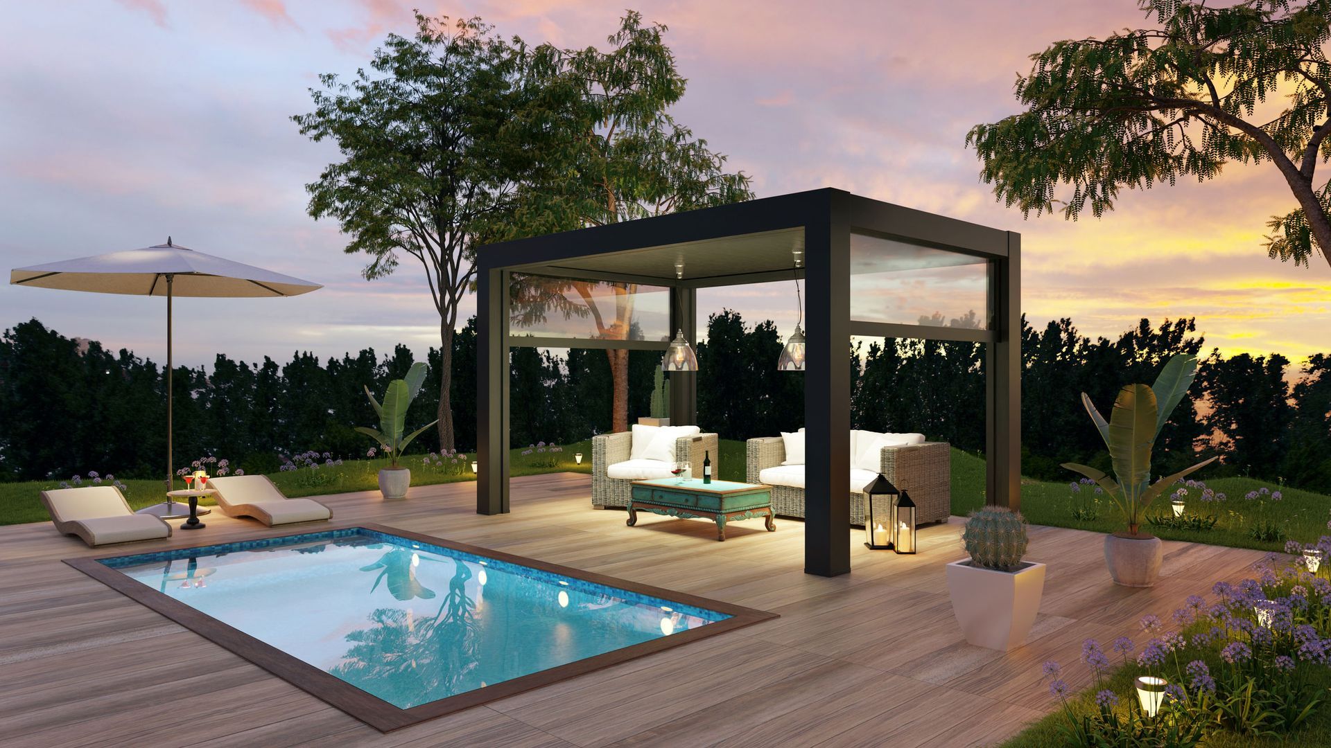 There is a swimming pool in the backyard with a pergola and umbrella.