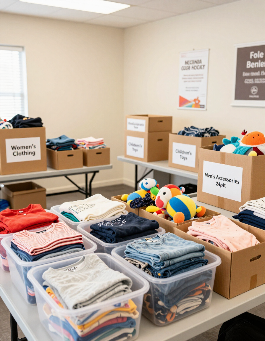 Table of folded clothing and boxes labeled for donations in a room