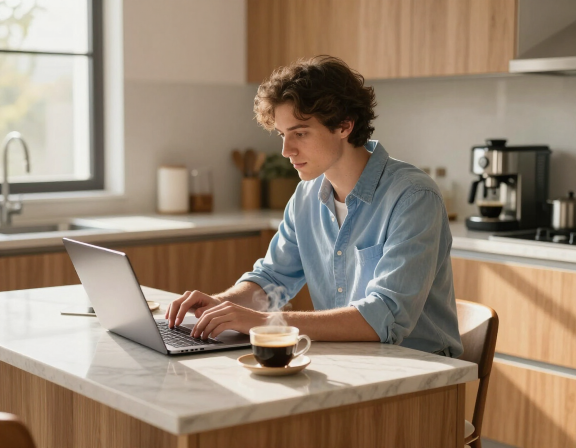 Person typing on a laptop at a kitchen island with a cup of coffee nearby.